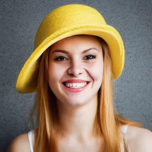 Image similar to portrait of a smiling 2 0 - year - old woman with angle lost profile nails pretty face, medium yellow blond hair, character with a hat, hair comes out of the hat a little