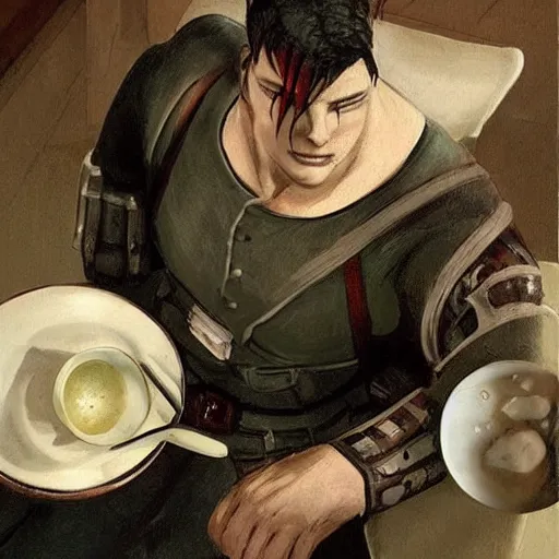 Image similar to nemesis from resident evil sits on a chair behind a coffee salt on a summer veranda and holds in his hand a small porcelain cup with tea from which steam comes out, in the stylization of romanticism paintings, detailed facial proportions