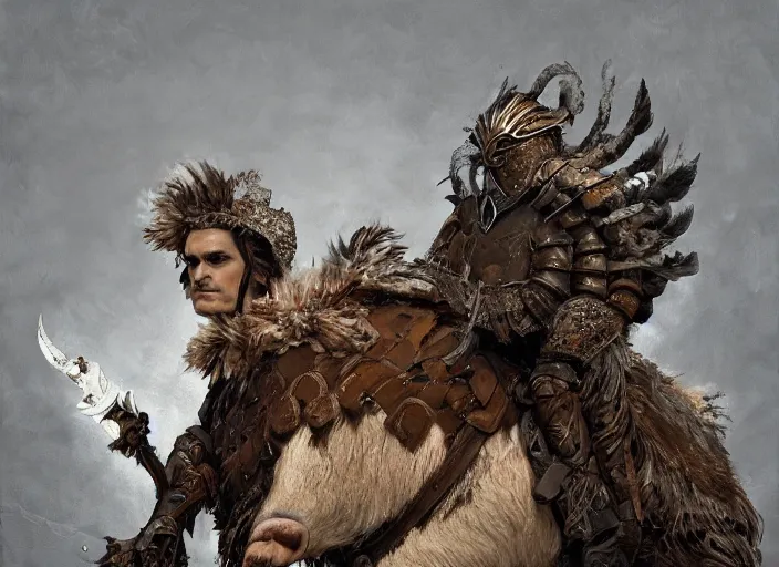 Image similar to digital painting of joaquin phoenix wearing armor made of animals, cow horns, pig nose, sheep wool, chicken feather armor, majestic, by anna podedworna and miklos ligeti, diego maricato, taran fiddler, antonino truisi, chris reddie, jinsung lim, on artstation