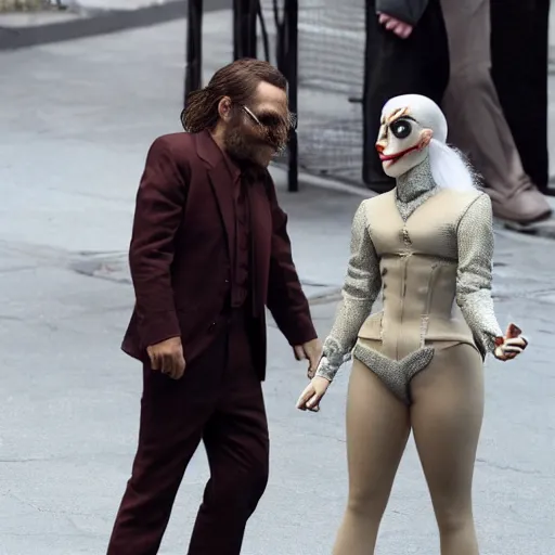 Prompt: ultra realistic stealth candid photograph from joaquin phoenix with lady gaga in new joker movie footage's, intricate details, photorealistic