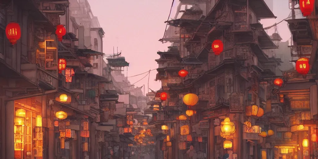 Image similar to a quiet chinatown street, evening, highly detailed, low angle view, studio ghibli, artstation