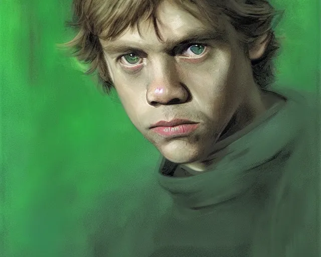 Prompt: portrait of young luke skywalker mark hamill young from star wars 6 return of the jedi 1 9 8 3 in shades of grey but with green by jeremy mann