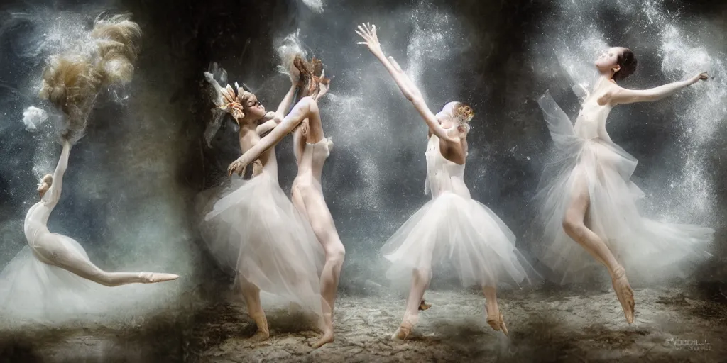 Prompt: underwater realistic photography of dancers with long gorgeous clothes , renaissance epic scene . Fluidity, elegance, beauty, in the middle of the woods, smoke in the stage. high details. by CHRISTY LEE ROGERS