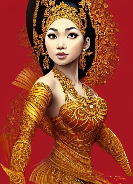 Prompt: beautiful javanese traditional dancer, surealism, aesthetic, shiny, fantasy, intricate, elegant, extremely higly detailed, digital painting, artstation, anatomy shape perfect, baroque, concept art, photoshop, krita, smooth, sharp focus, full body focus, illustration, digital painting, art by artgerm and greg rutkowski and alphonse mucha