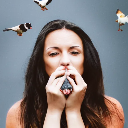 Image similar to portrait of woman who kissing a pigeon, realistic photography