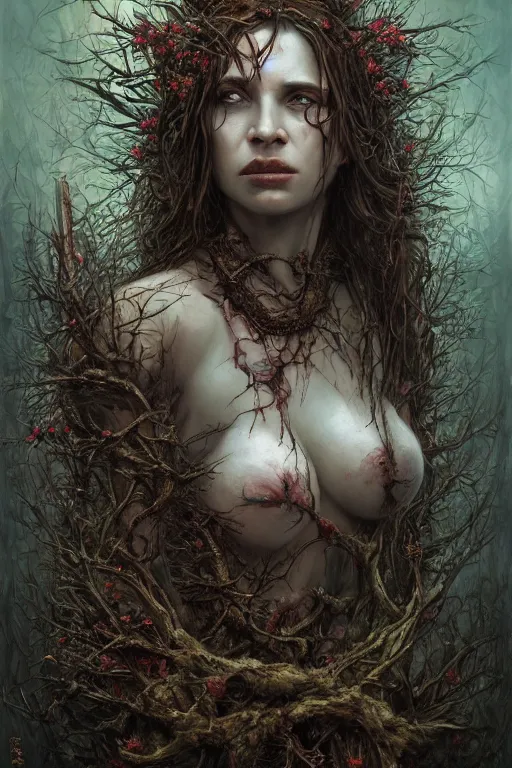 Image similar to wide perspective, very complex hyper-maximalist overdetailed cinematic darkfantasy portrait of a beautiful woman bound by thorns in a rotting bog by andrei riabovitchev, tomasz alen kopera, oleksandra shchaslyva. Omnious intricate, octane, Deviantart, hyper detailed illustration, 8k