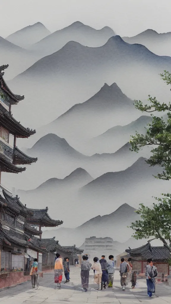 Prompt: Realistic watercolor painting of a ancient Chinese commercial street landscape,entrance of ancient Chinese city wall in the distance,foggy mountains in the background