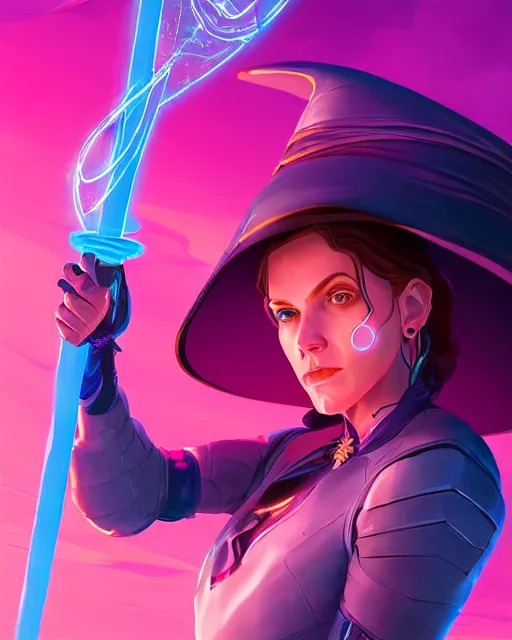 Image similar to A witch wielding a futuristic power staff, digital apex legends illustration portrait, gorgeous lighting, wide angle action dynamic portrait, perspective shot, art by Nick Sullo, Pink and blue palette,