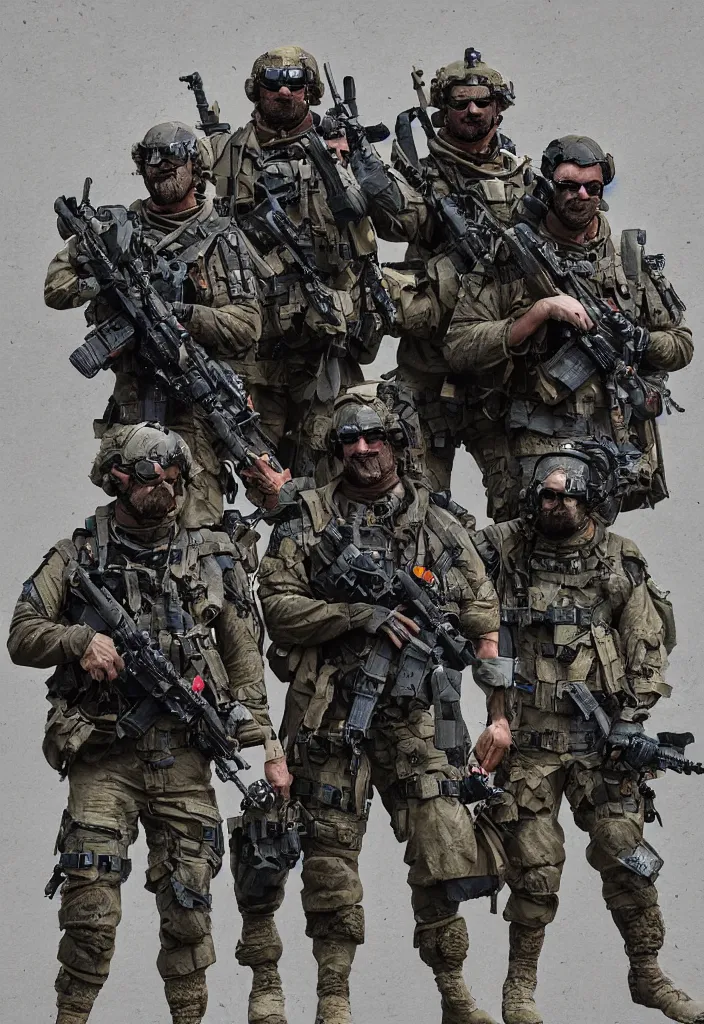 Image similar to Navy SEALs posing after a successful mission, weapons dangling, digital art