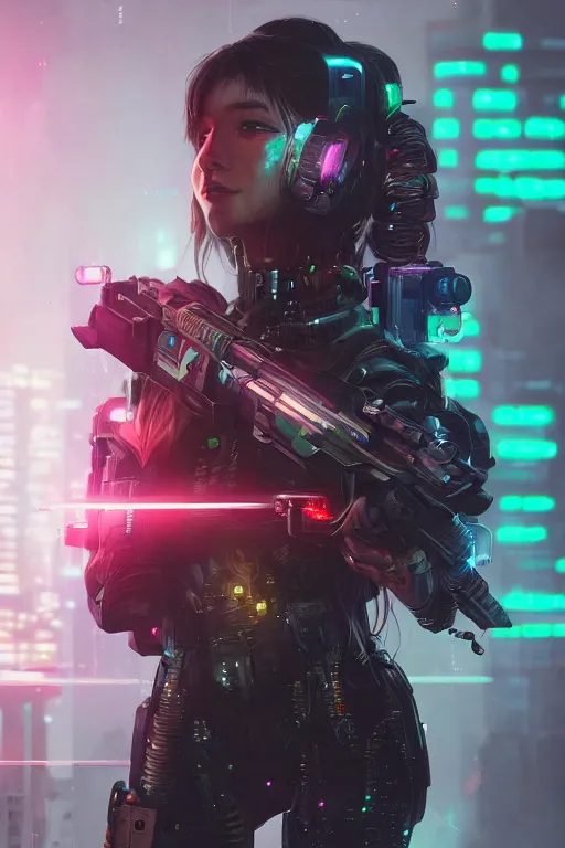 Image similar to beautiful portrait of a heavily armed cyborg mercenary girl, art by wlop and artgerm and liam wong, cyberpunk, neon, intricate details, trending on artstation, sharp focus, caustics, octane render, radiant light, 4 k