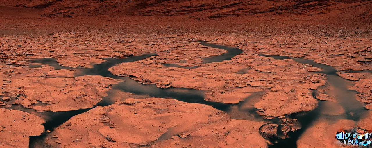 Image similar to A river on Mars, canyon, landscape photograph, award winning, highly detailed