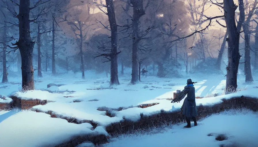 Image similar to highly detailed matte painting of a glistening snowy rural landscape by atey ghailan, by greg rutkowski, by greg tocchini, by james gilliard, by joe fenton, blue, brown, black and light blue color scheme, octane render