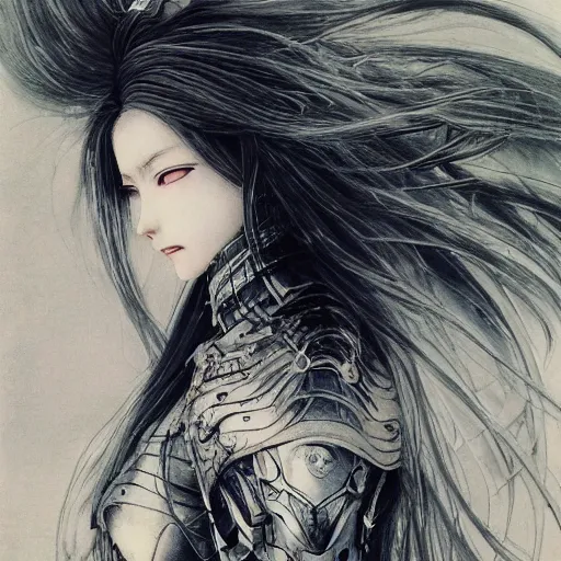 Image similar to yoshitaka amano realistic illustration of an anime girl with wavy white hair and cracks on her face wearing elden ring armour with the cape fluttering in the wind, abstract black and white patterns on the background, noisy film grain effect, highly detailed, renaissance oil painting, weird portrait angle