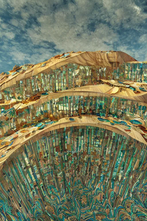 Image similar to hyperrealistic abstract close-up Renaissance psychedelic!! Frank Wright's architecture turns into biotech Zarhi Khalid's architecture!!! in the form of a mobius strip on a mountain landscape!!! parts of the house hang as consoles in the form of lily petals, octane render, hd