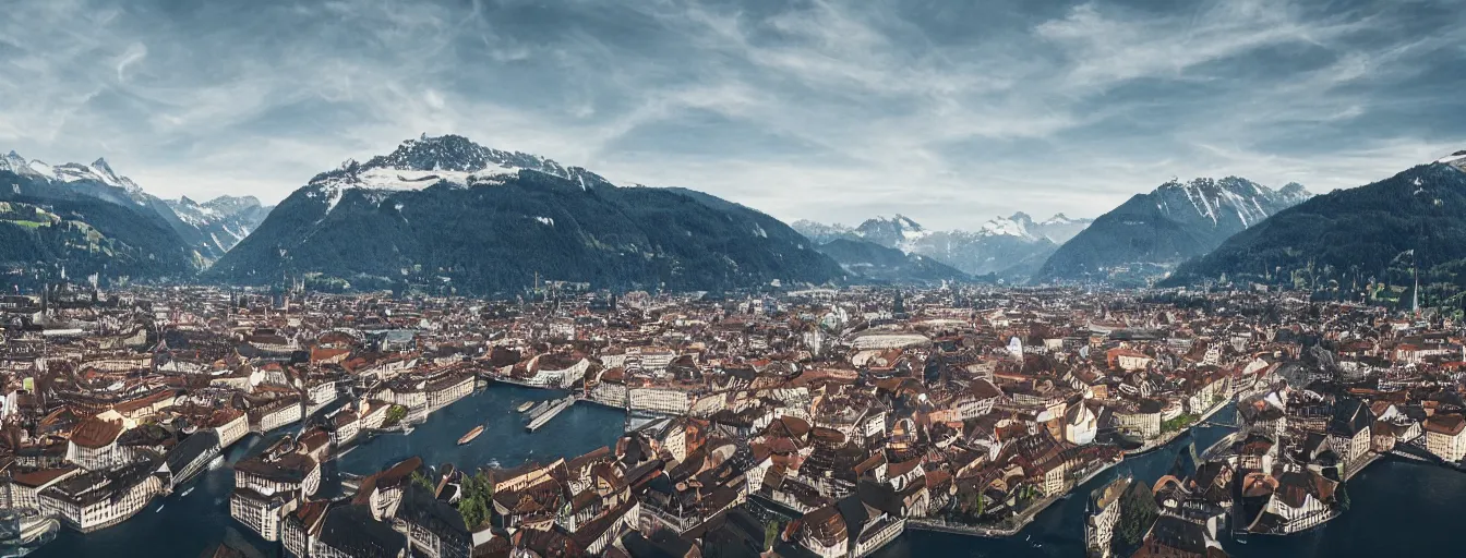 Prompt: Photo of Zurich, looking down the river at the lake and the alps, Hardturm, Grossmünster, wide angle, volumetric light, hyperdetailed, mountain water, artstation, cgsociety, 8k