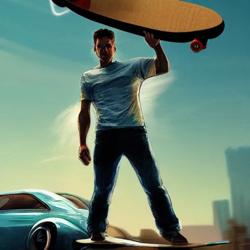 Prompt: a man holding a skateboard standing in front of a car, concept art by zack snyder, featured on cgsociety, retrofuturism, retrowave, synthwave, outrun