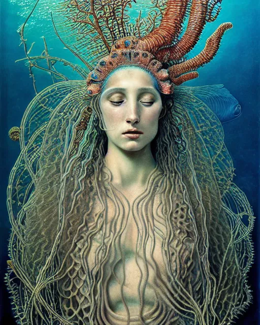 Image similar to realistic detailed underwater portrait of the beutiful young goddess of the fish of the three times with an intricate headdress of corals, sea kelp, sea plants, fish, jellyfish, art by ernst haeckel, zdzisław beksinski, gothic, neo - gothic, ornamental,