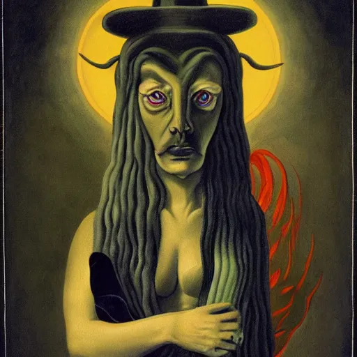 Prompt: a witch with baphomet, by Raphael Hopper, and Rene Magritte. Highly detailed, Occult, funny, humorous, funny, satire, fire, water, earth, air, magical, trending on artstationHQ