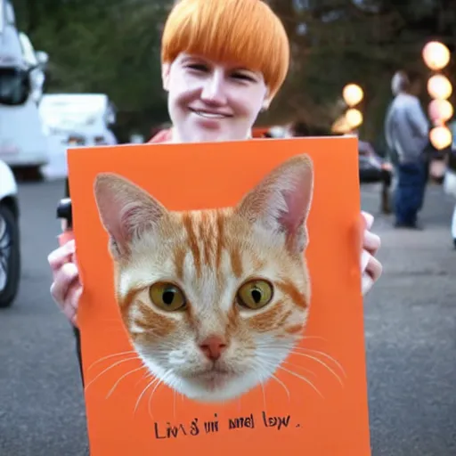 Image similar to cute orange tabby cat holds sign that says