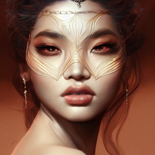 Prompt: Beautiful detailed portrait of an exotic goddess by Nick Silva, Shin JeongHo, Wandah Kurniawan, Symmetrical composition with people centered, realistic proportions, trending on artstation