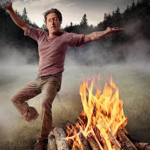 Image similar to , extreme log shot, man vs wild, hugh grant, born survivor, face with beard, extreme, wide shot, sunset ligthing, forest and fear, worms, bonfire, mud, man in white t - shirt, art by listfield scott,