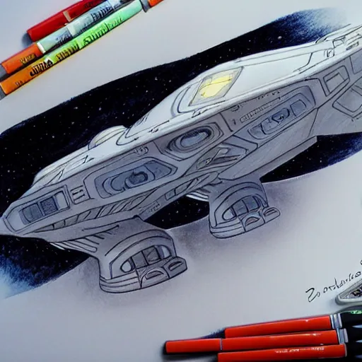 Prompt: copic marker concept drawing of spaceship by doug chiang