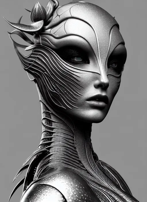 Image similar to bw contrasted close - up profile face, black background, beautiful young porcelain vegetal - dragon - cyborg - female, 1 5 0 mm, beautiful natural soft rim light, silver gold details, magnolia leaves and stems, roots, mandelbot fractal, elegant, ultra detailed, white metallic armour, octane render, h. r. giger style