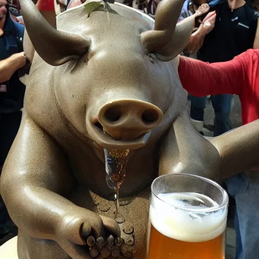 Image similar to an anthropomorphic boar drinking beer