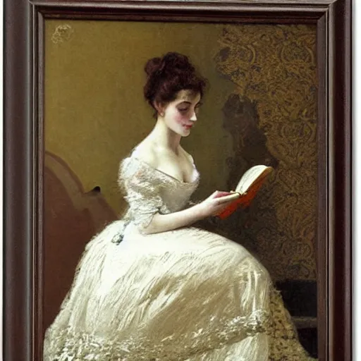 Prompt: young victorian lady in ball gown reading a book, painted by alfred stevens