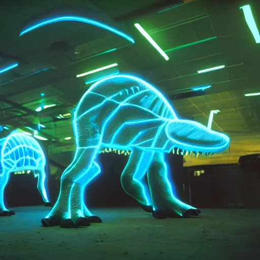 Image similar to electric blue scaled glowing baby dinosaurs in tron movie, cinestill