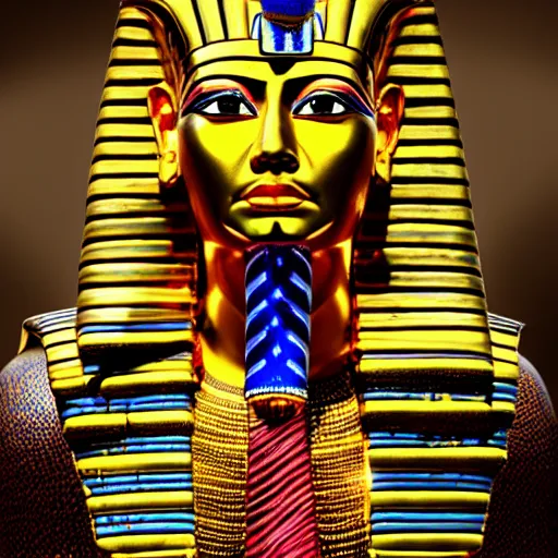 Prompt: hyperdetailed image of Trump as king tut, rich deep colors, masterpiece, very coherent symmetrical artwork, cinematic, hyper realism, high detail, octane render, unreal engine, 8k, Vibrant colors, Smooth gradients, High contrast, depth of field, full body character drawing, intricate detail