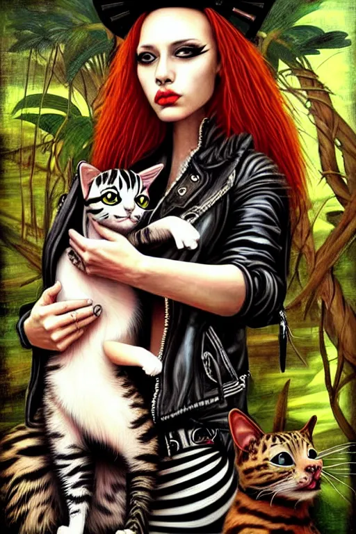 Image similar to punk rock girls making selfie with cats in jungle , mad max jacket, post apocalyptic, renaissance, oil painting like Leonardo Da Vinci, hyper realistic style, fantasy by Olga Fedorova