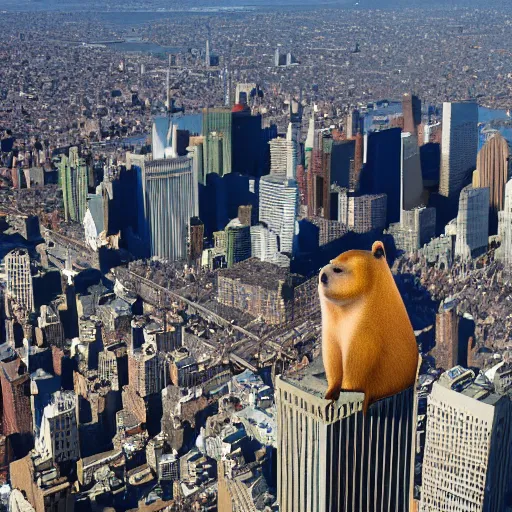 Image similar to An oversized capybara in a crown towering over miniature New York city. Aerial shot