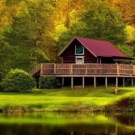 Image similar to Photograph of a cabin by a lake in the style of Thomas Kincaid