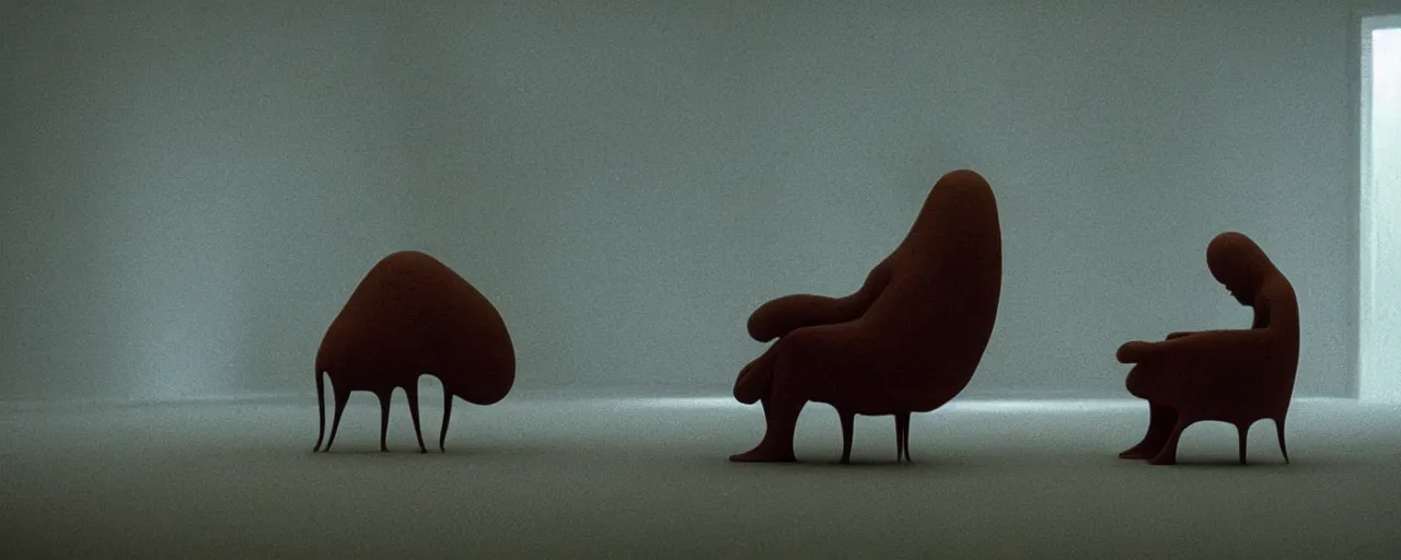 Image similar to a strange creature sits in the living room, film still from the movie directed by Denis Villeneuve with art direction by Zdzisław Beksiński, close up, telephoto lens, shallow depth of field