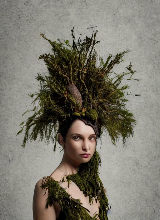 Prompt: a photo of a female model, organic headpiece with ornaments, dried fern, dried vines, horn, dried moss, fashion photography, realistic, hyperdetails, dark grey backdrop studio, body draped in moss, costume made of tree bark and moss, skin painted with green