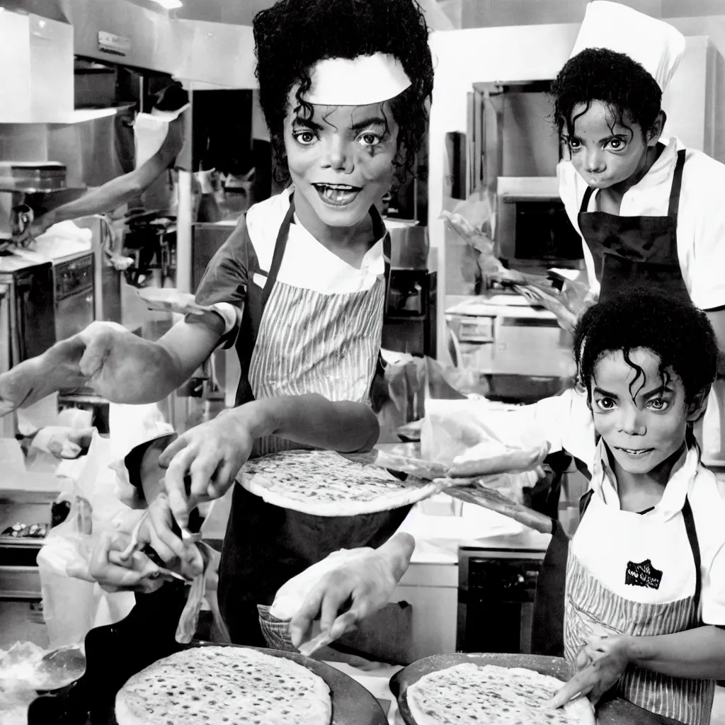Image similar to award winning photo of michael jackson baking pizza from children, vivid colors, happy, symmetrical face, beautiful eyes, studio lighting, wide shot art by Sally Mann & Arnold Newman