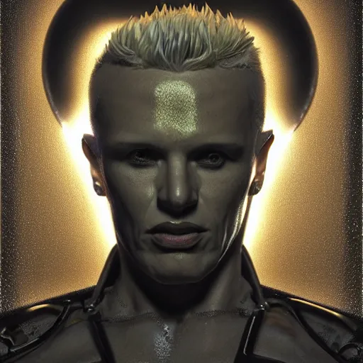 Prompt: hyperrealistic mixed media portrait of a Robot of Billy Idol forward angle, stunning 3d render inspired art by P. Craig Russell and Barry Windsor-Smith + perfect facial symmetry + dim volumetric lighting, 8k octane beautifully detailed render, post-processing, extremely hyperdetailed, intricate futuristic mechanic parts, epic composition, grim yet sparkling atmosphere, cinematic lighting + masterpiece, trending on artstation