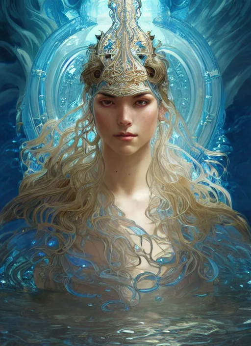 Image similar to a god of water, with hands and hair turning into water, fantasy, intricate, elegant, highly detailed, digital painting, artstation, concept art, wallpaper, smooth, sharp focus, illustration, art by artgerm and greg rutkowski and alphonse mucha