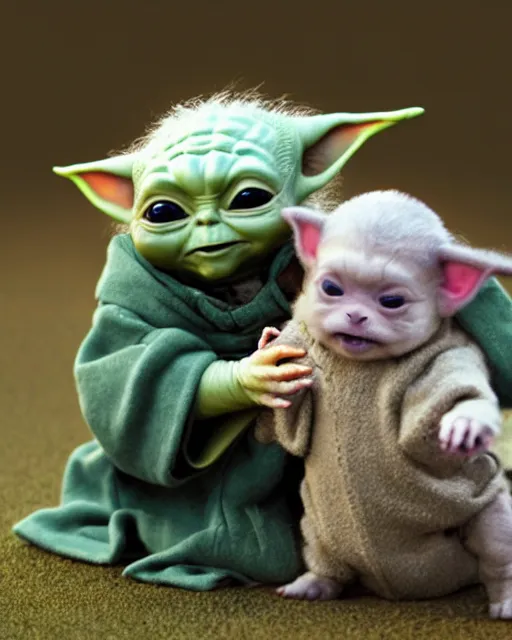 Image similar to stock photos of baby yoda playing with a cute puppy, hyperreal