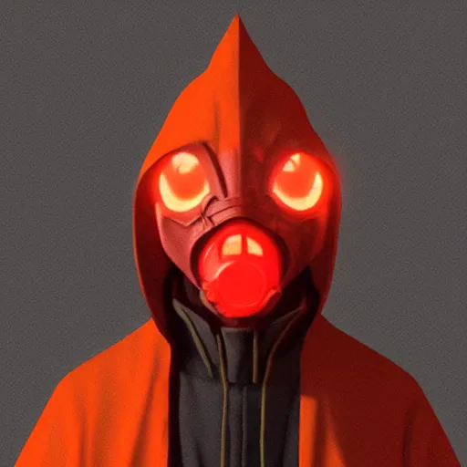 Image similar to hooden villain wearing a red oni mask, orange hazmat suit, dark background, unreal engine 5, ultra realistic, detailed, fog, volumetric lighting, by greg rutkowski,