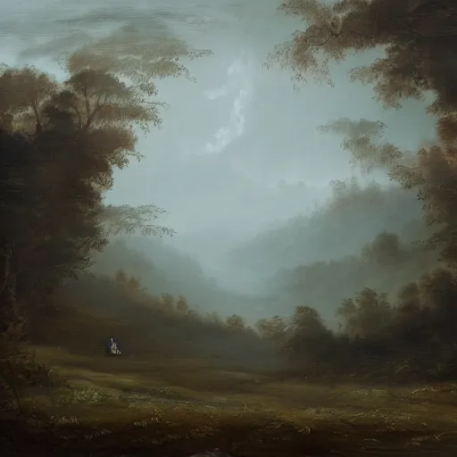 Prompt: beautiful misty landscape with dark figures playing cellos