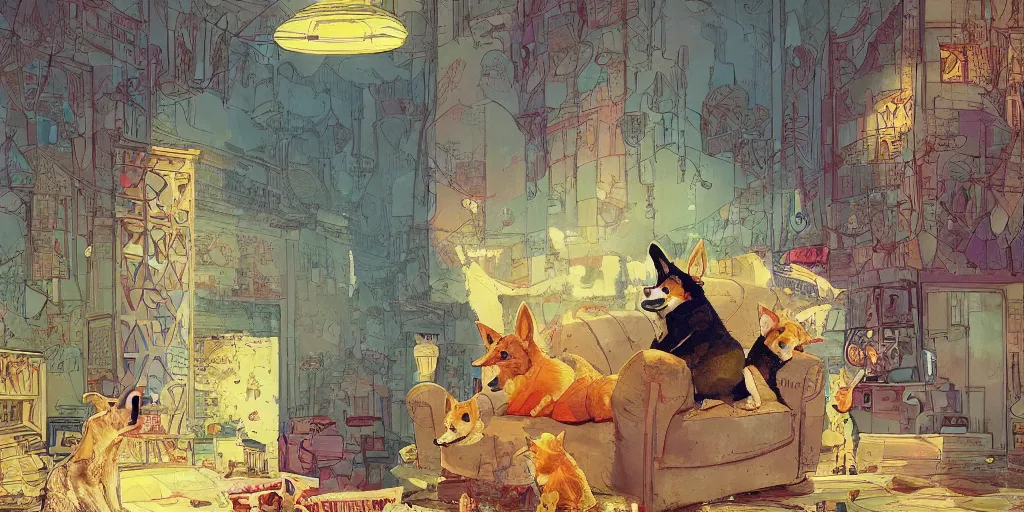 Prompt: beautiful painting of a fantasy corgi king chilling in his palace, by Jamie Hewlett, Victo Ngai, Ismail Inceoglu. trending on Artstation, 8k, masterpiece, graffiti paint, fine detail, full of color, intricate detail, golden ratio illustration