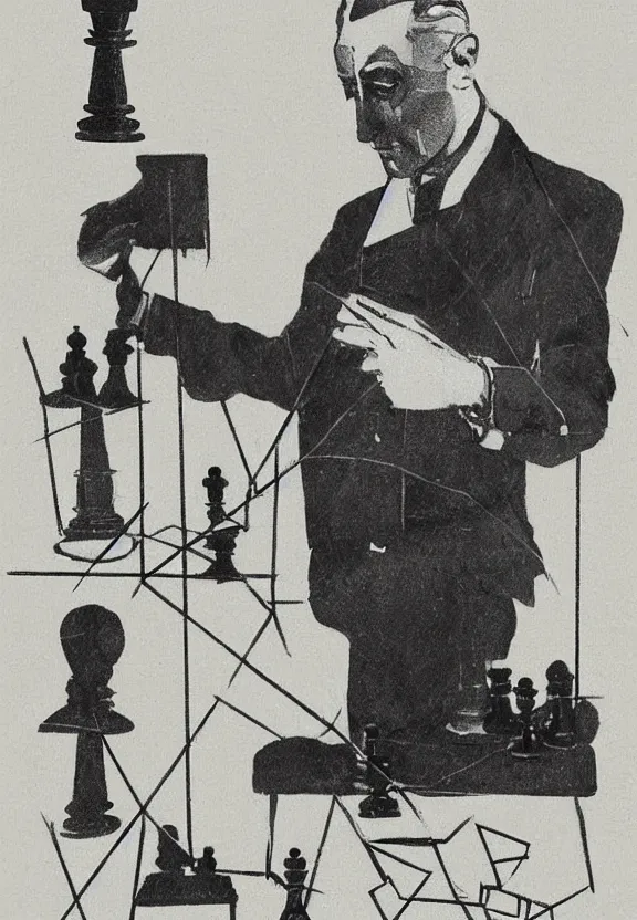 Image similar to a concept drawing of marcel duchamp holding up a chess - piece wire - machine, a surrealist painting by marcel duchamp, complex artificial - intelligence machinery, minimal sketch flow - chart, academic art, 1 9 2 0 s