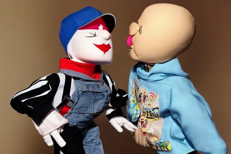 Prompt: Eminem as a ventriloquist doll, hyperrealistic