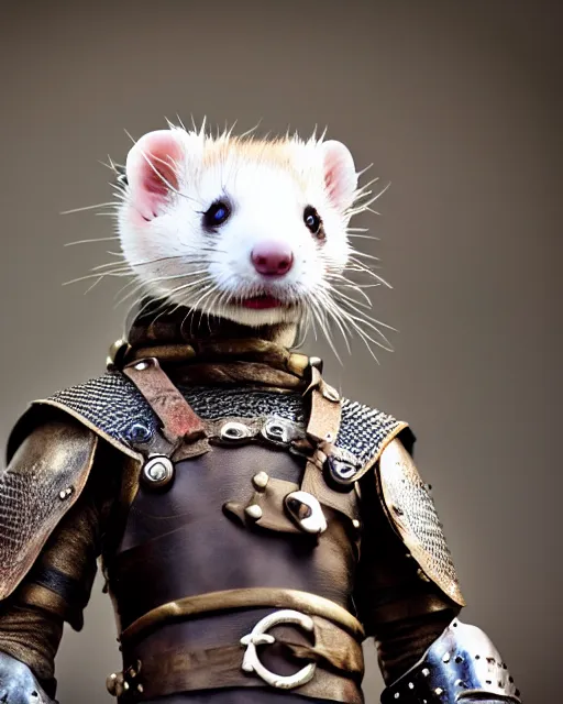 Image similar to ferret love warrior, furry, fantasy, viking, high detailed, hearts, photography, cloudy, lightweight leather armour, scandinavia, plain, detailed face, look into the distance, serious face, full body, in full growth, professional photographer, masterpiece, 5 0 mm, extremely detailed, digital art, middle ages, minimalism 8 k