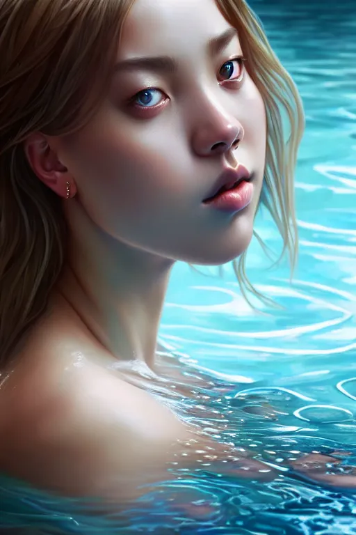 Prompt: beautiful half body digital painting of lalisa emerging from pool of water with high detail, face, 8 k, stunning detail, photo by artgerm, greg rutkowski and alphonse mucha, unreal engine 5, 4 k uhd