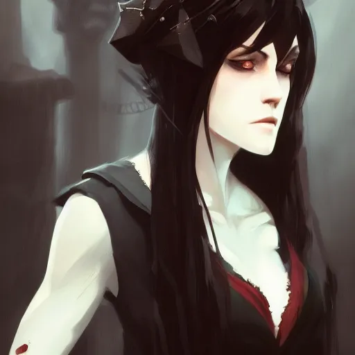 Image similar to female human vampire witch in the style of greg rutkowski, makoto shinkai, trending on artstation, character design, concept art, pretty face, highly detailed, long black hair, portrait, digital art