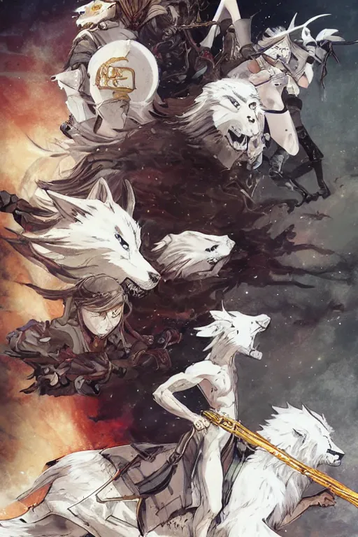 Image similar to a full moon battle blood white wolf, high intricate details, rule of thirds, golden ratio, cinematic light, anime style, graphic novel by fiona staples and dustin nguyen, by beaststars and orange, peter elson, alan bean, studio ghibli, makoto shinkai