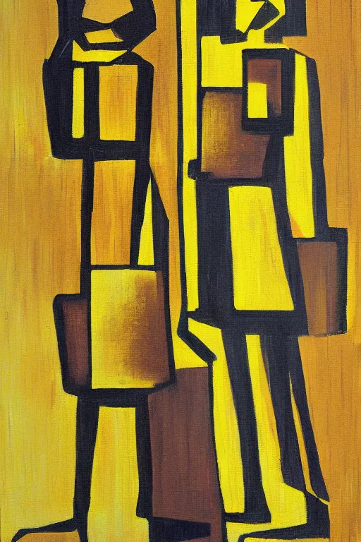 Prompt: neo cubistic painting of two tall figures, sandy yellow muted colors, in the style of Jessalyn Brooks